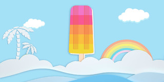 蓝色红色黄色简约卡通冰棒云朵彩虹椰树展板背景夏日冷饮冰淇淋背景